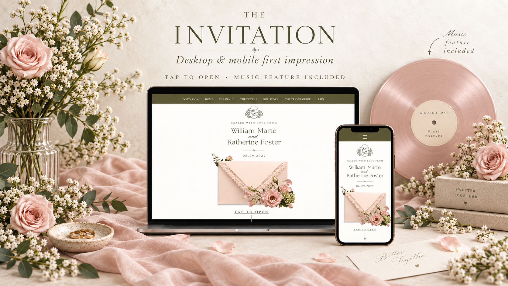 Invitation page preview of a blush and sage wedding website with floral envelope design, mobile and desktop mockups and interactive opening feature.