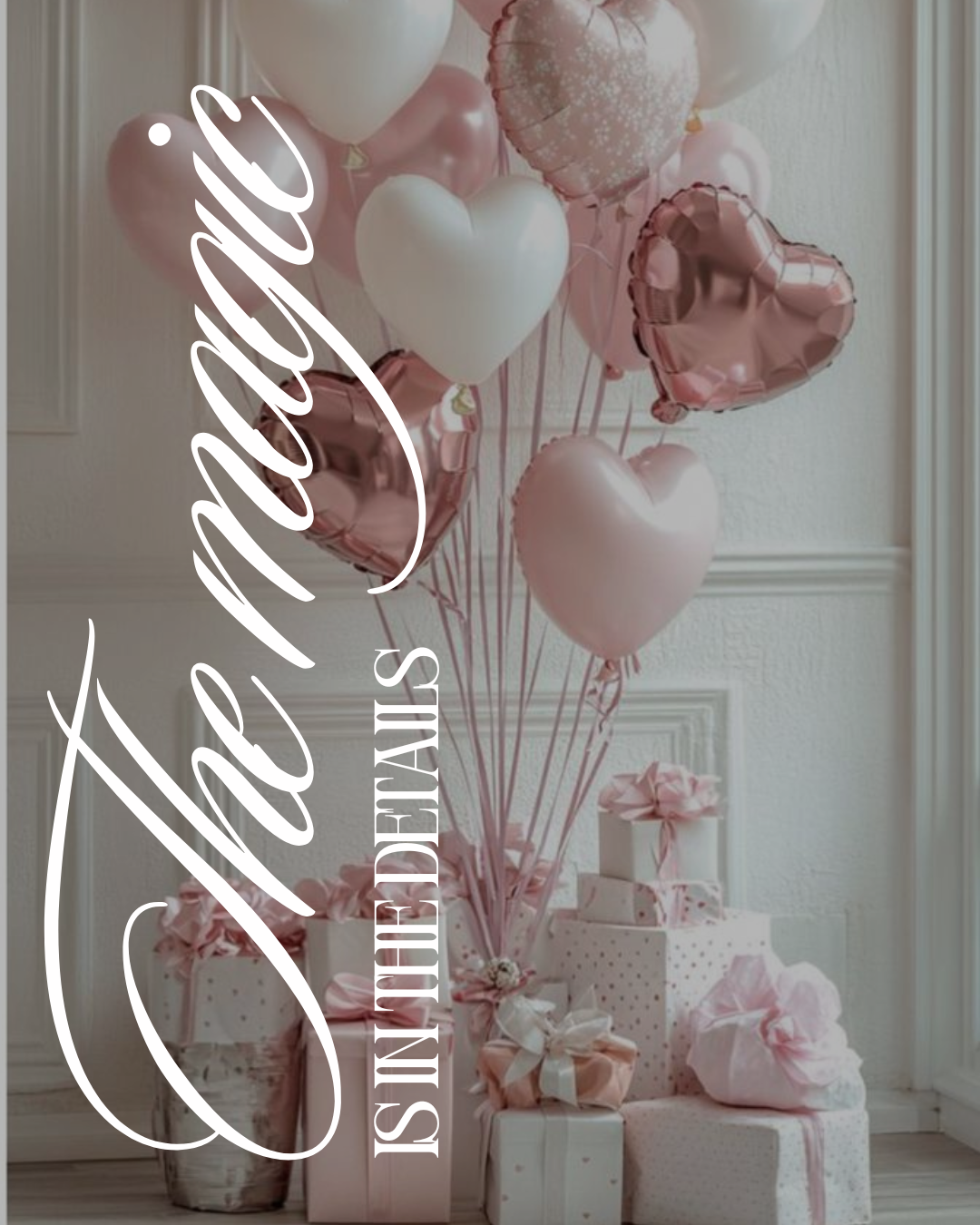 A display of pink and white heart-shaped balloons with some round balloons, and wrapped presents with pink ribbons on a table, with a white wall in the background.