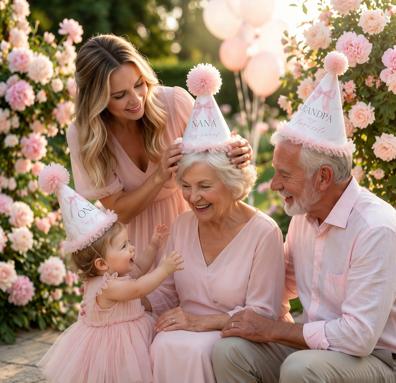 baby first birthday party hats with pink bows on family, emotional celebration with grandmother and baby girl