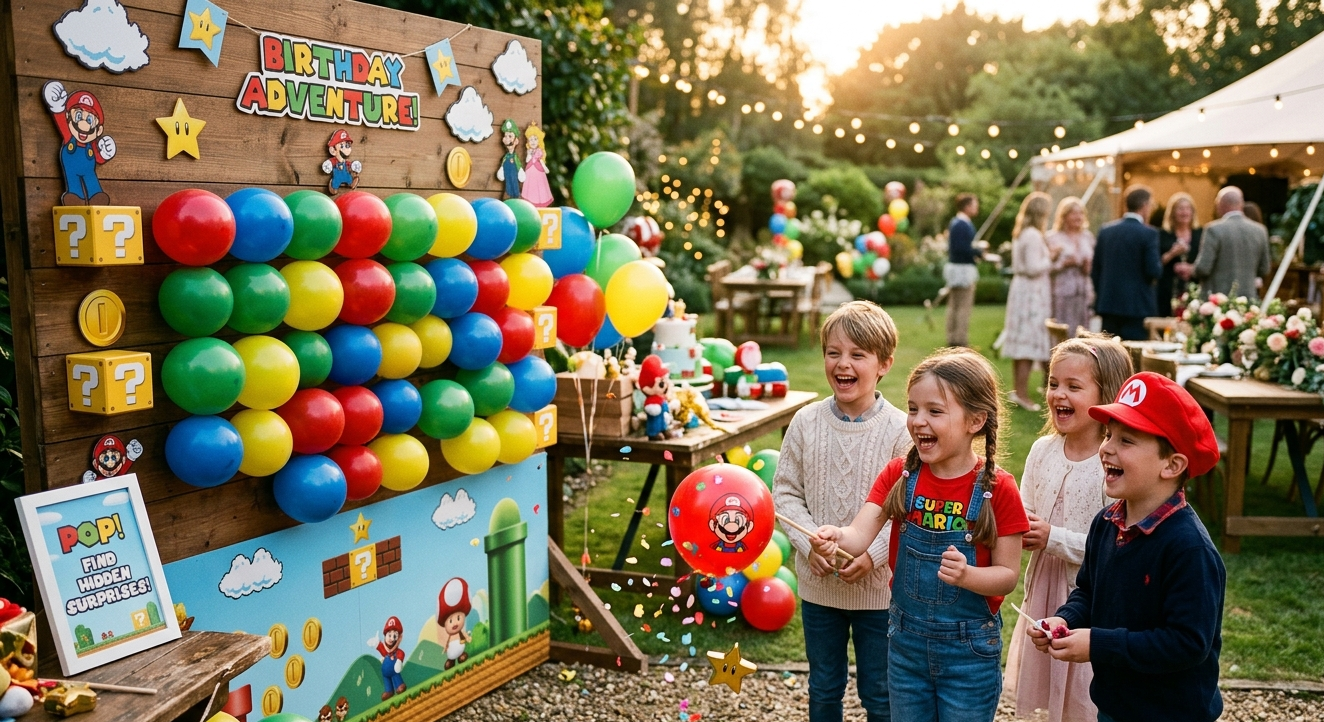 Happy children racing in Mario, Princess, and Luigi ride-on cars on a beautifully decorated mini race track during a dreamy Super Mario birthday celebration at sunset.