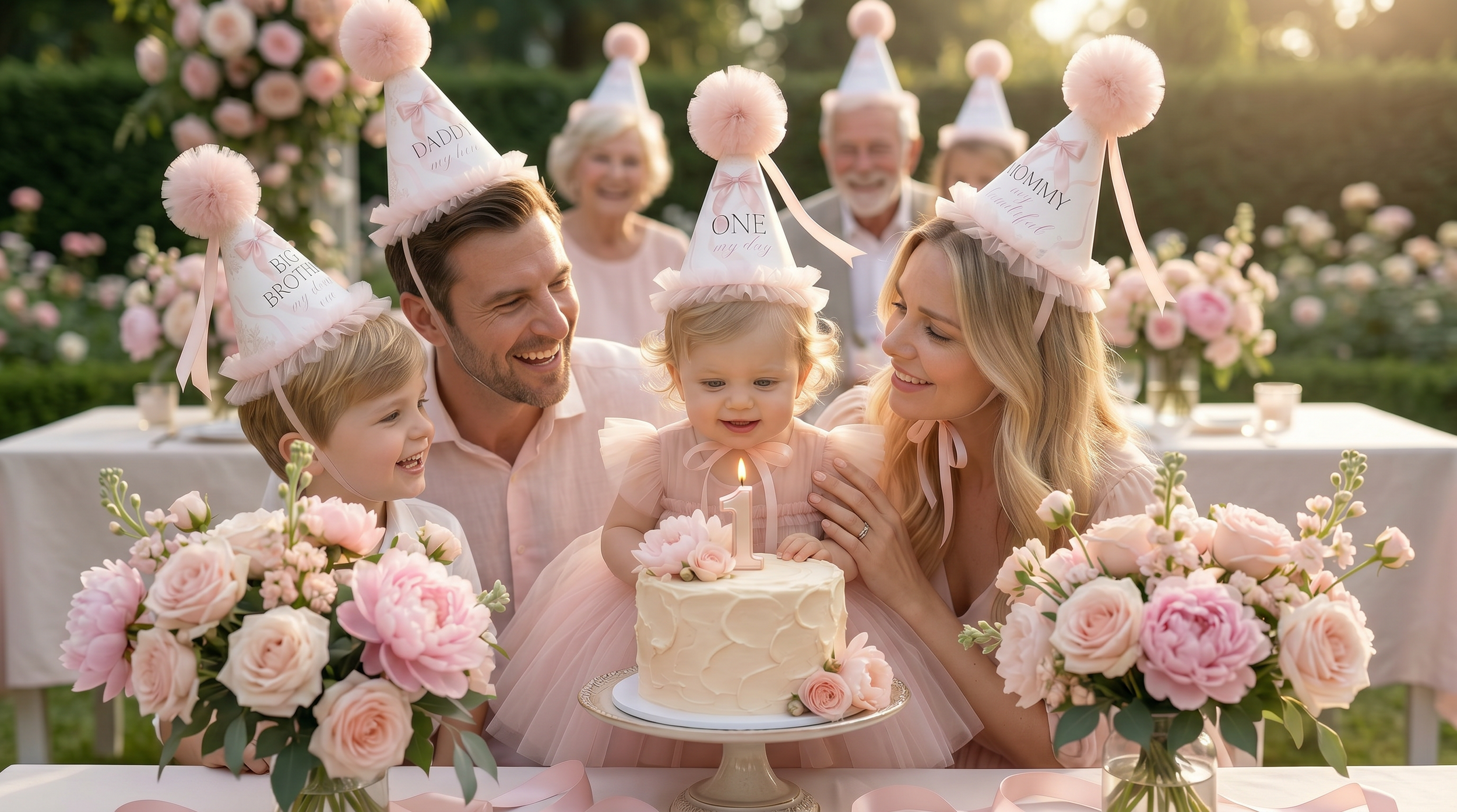soft pink bow 1st birthday party for baby girl family celebration with cake and elegant blush decor