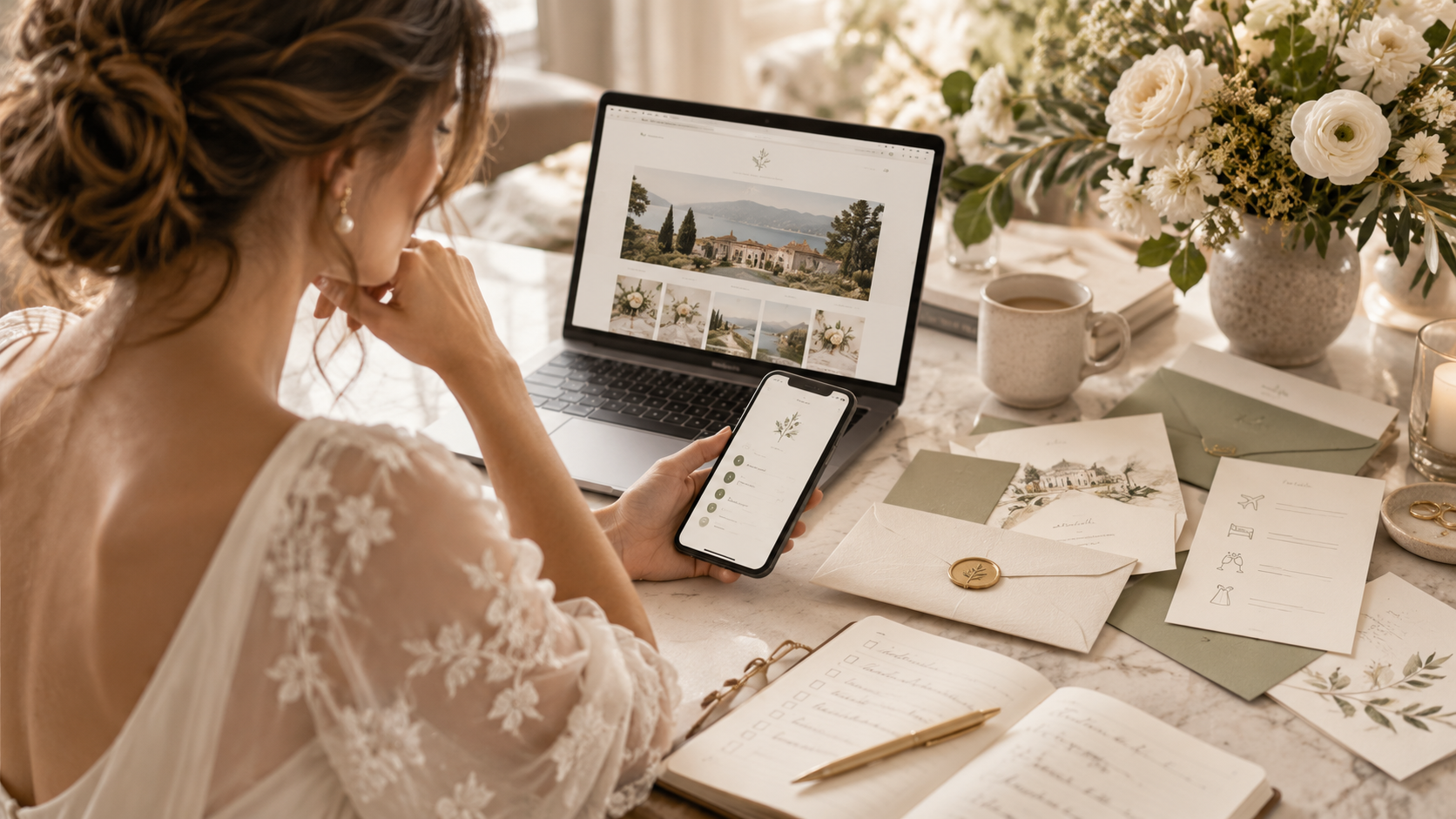 Bride planning wedding details, guest information and invitations on her laptop
