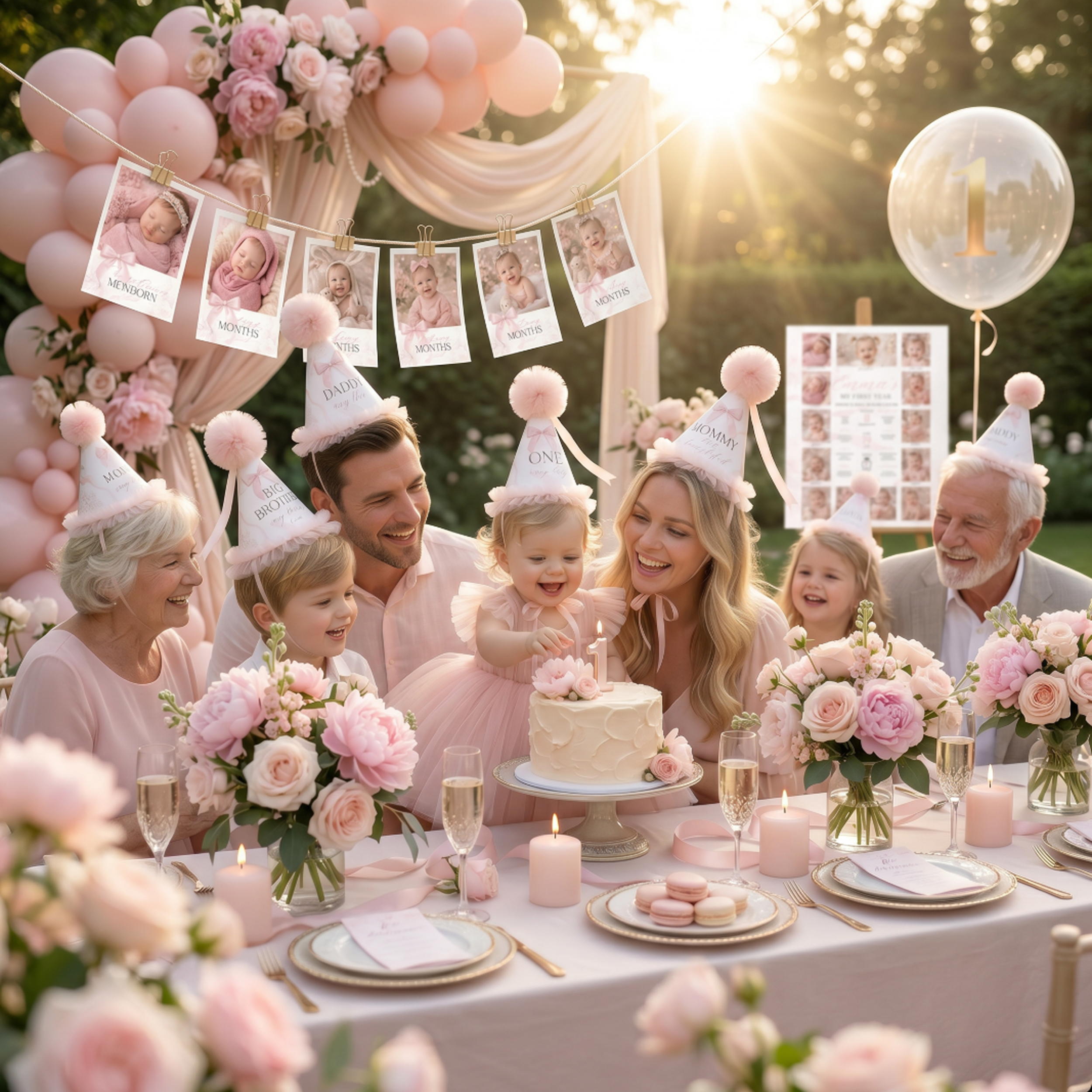 baby girl first birthday celebration with family, soft pink party decor and matching bow party hats