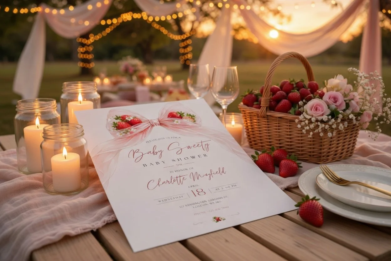 Soft strawberry baby shower invitation with blush bow, elegant typography and fresh strawberries on a styled picnic table, outdoor garden aesthetic