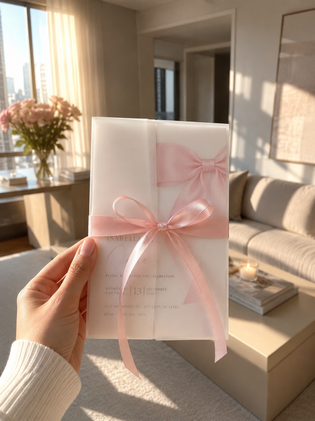 Luxury invitation in vellum envelope elegantly tied with soft pink satin ribbon bow and long tails, held in hand in modern living room