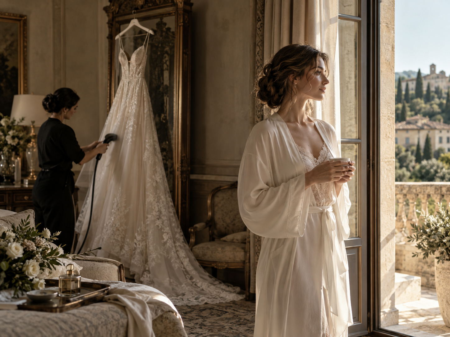 Bride getting ready the night before her wedding in an elegant Italian villa
