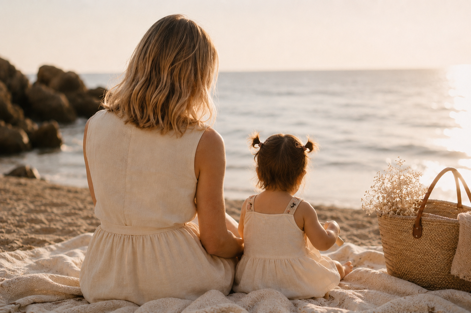 A woman and a young girl sitting on a beach at sunset, facing the ocean, with a wicker basket and flowers nearby.