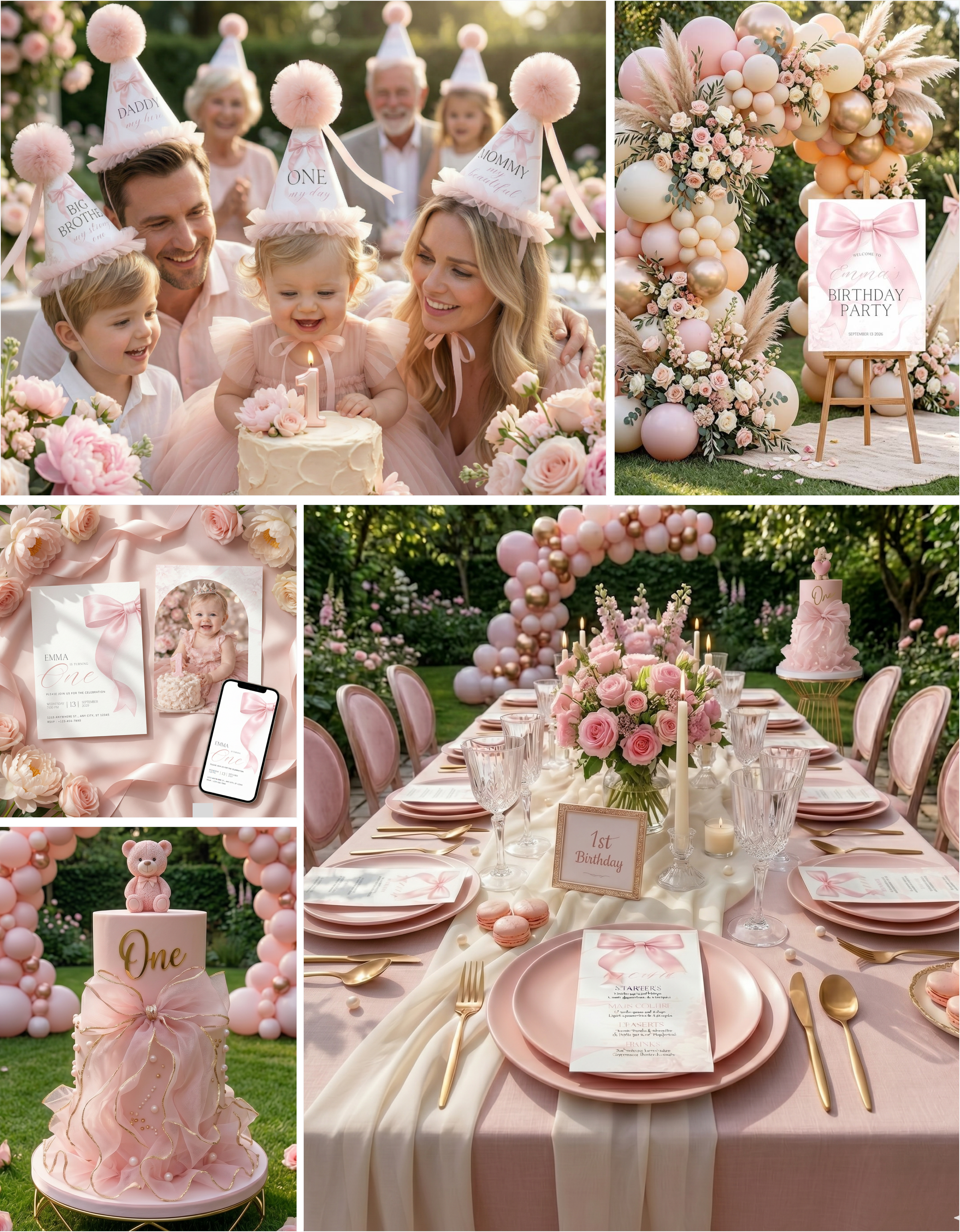 Elegant baby girl 1st birthday collage with pink bow theme, family party, balloon backdrop, cake, gifts table, invitation and soft blush decor
