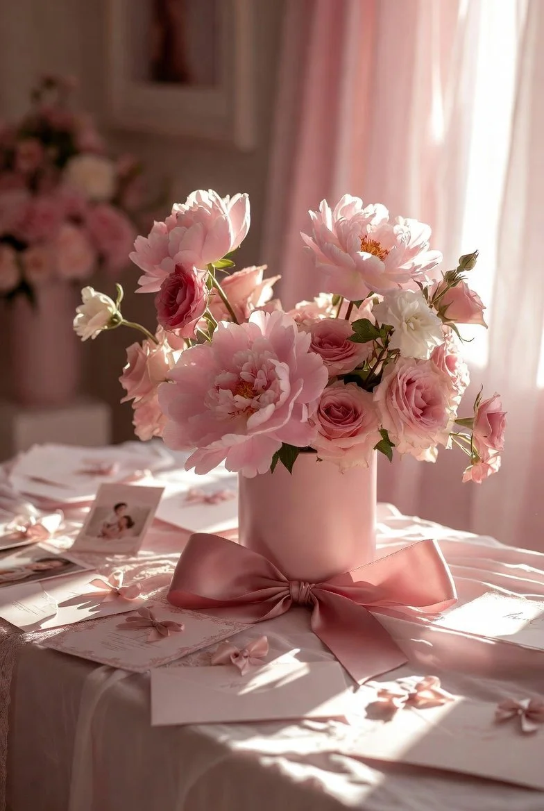A pink ceramic vase with a pink satin ribbon bow, holding a bouquet of pink and white flowers, placed on a decorated table with pink ribbons and photos. Pink curtains and flower arrangements are in the background, with sunlight streaming through.
