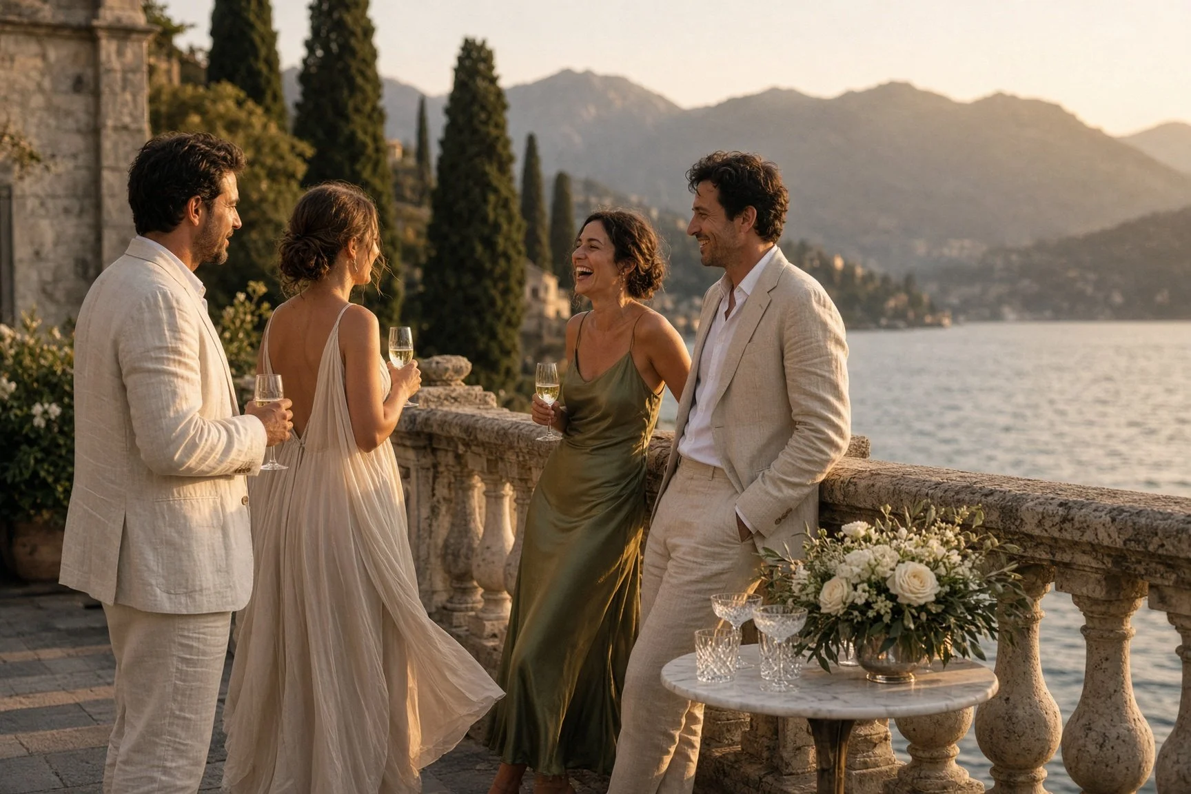 Wedding guests enjoying sunset drinks at an elegant Lake Como villa overlooking the lake and Italian mountains.