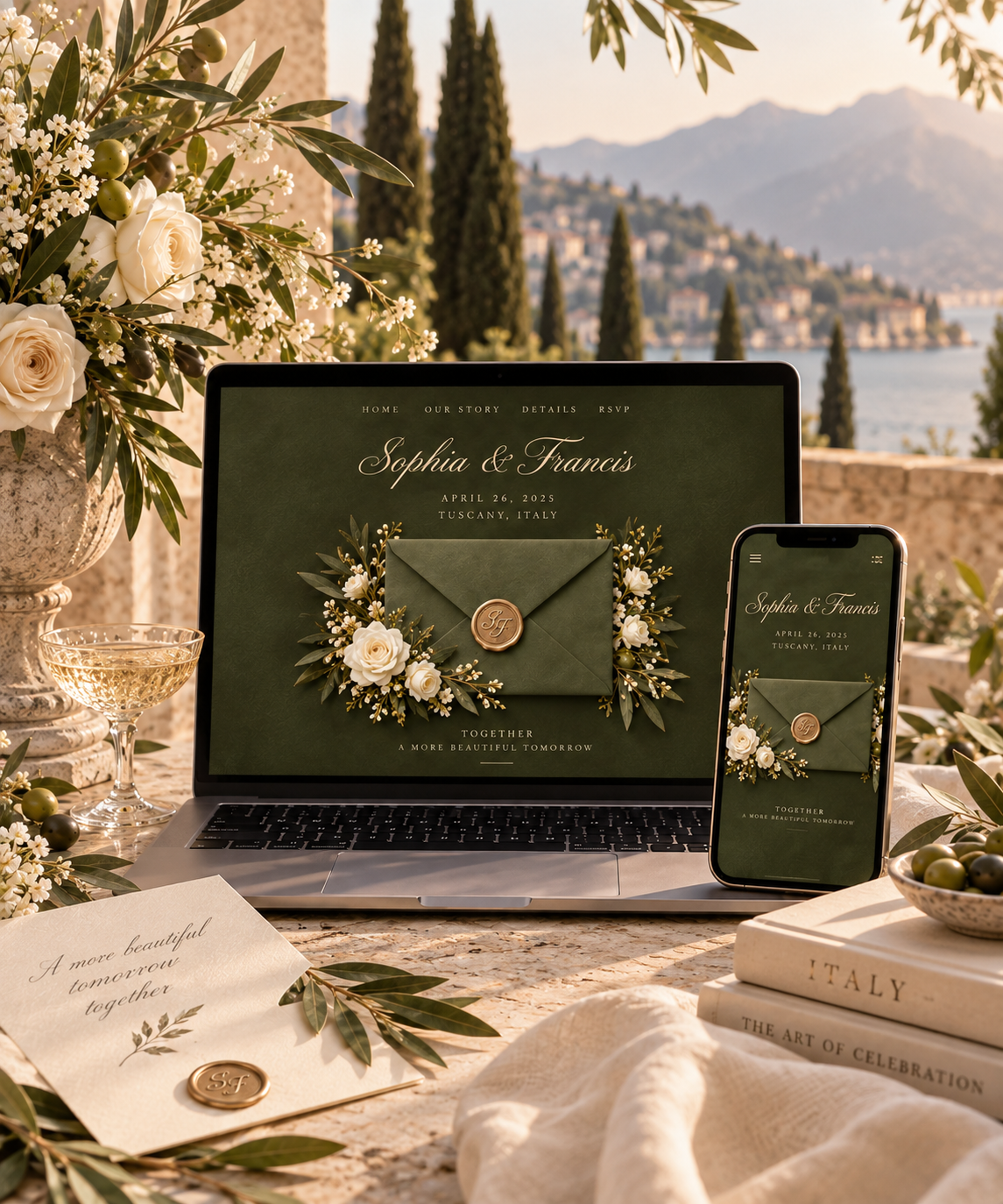 Lake Como Wedding Website Template, Canva Wedding Invitation with RSVP