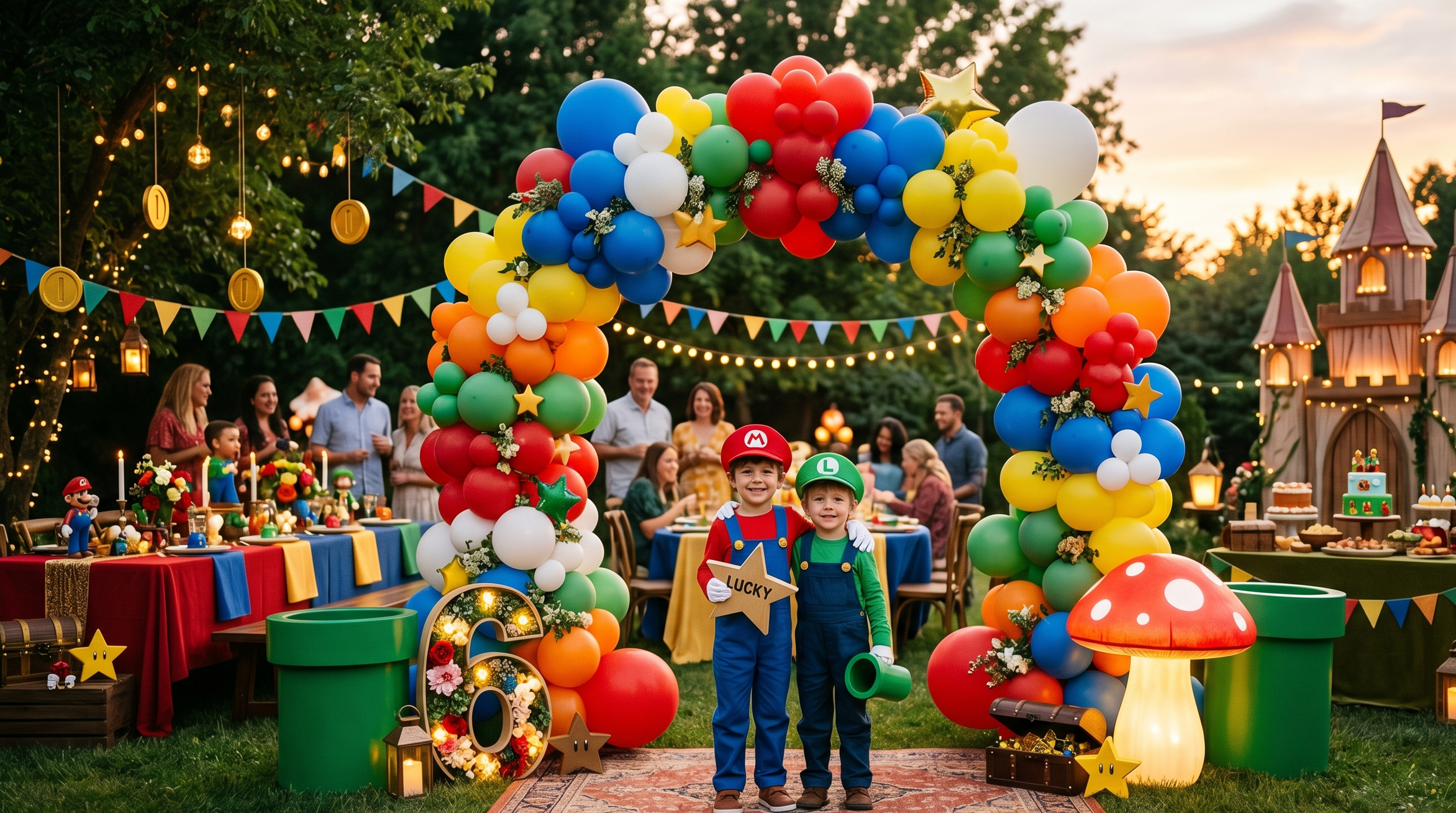 Mario and Luigi dressed kids smiling under a colorful balloon arch during a whimsical Super Mario themed garden birthday celebration at golden hour.