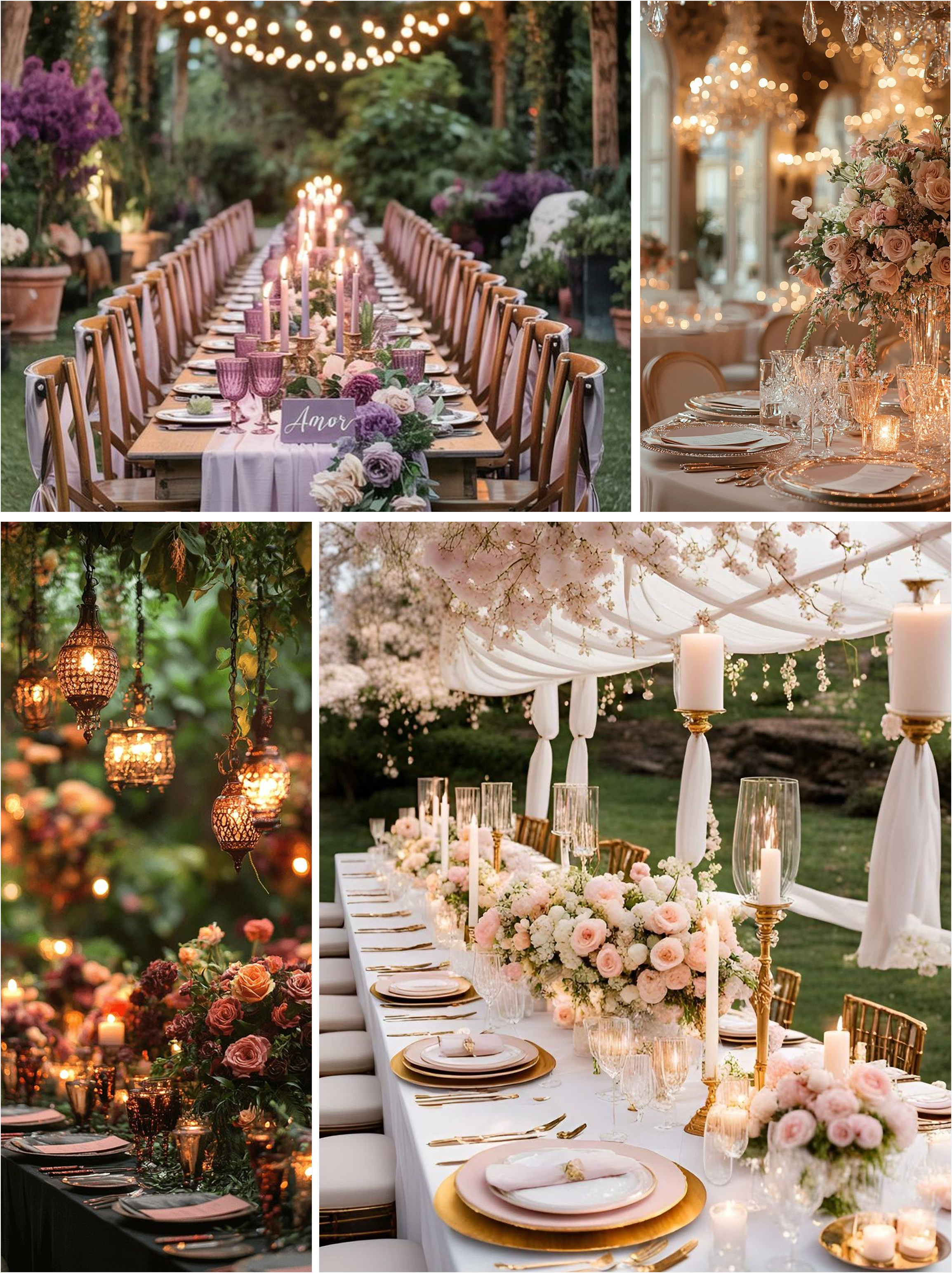 dreamy baby girl birthday setup ideas, fairy garden, elegant gold and outdoor dinner party themes with candles, flowers and warm lights