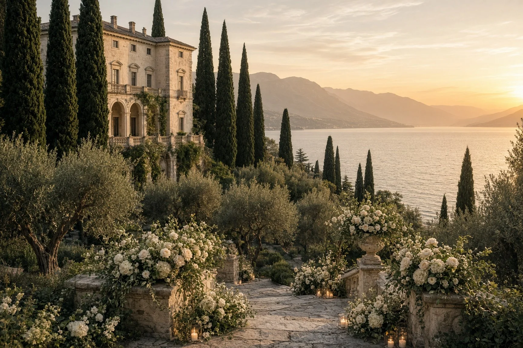 Romantic Lake Como wedding venue at sunset with an elegant Italian villa, olive trees, cypress trees and white floral arrangements overlooking the lake.