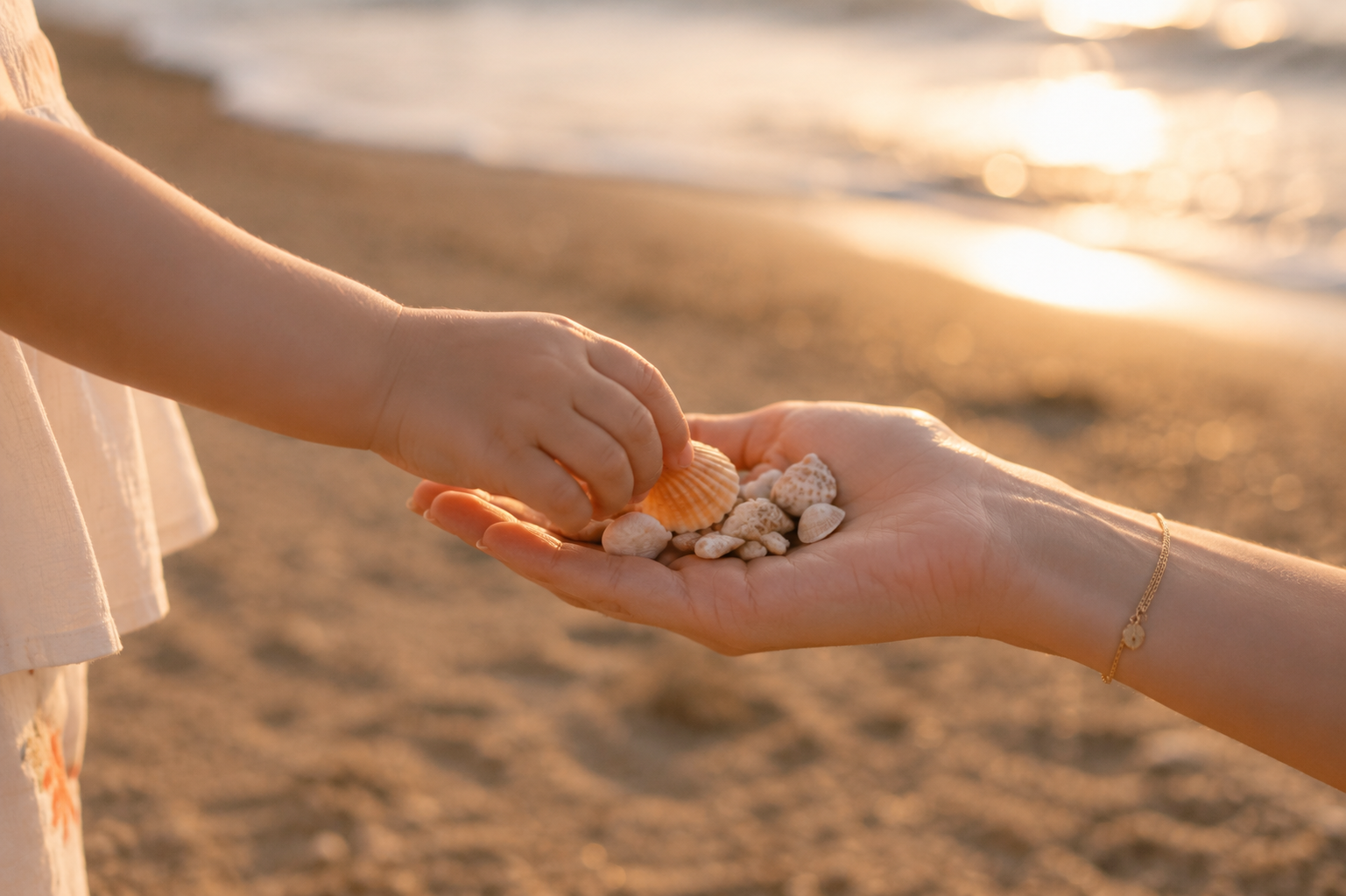 A child's hand is being handed a small shell and tiny rocks by an adult's hand on the beach during sunset.