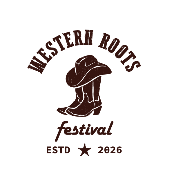 Logo du festival Western Roots, avec une paire de bottes de cowboy et un chapeau de cowboy, écrit en français, établi en 2026.
