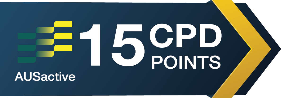 Graphic showing 15 CPD points for AUSactive, with a logo and a yellow arrow pointing to the right.