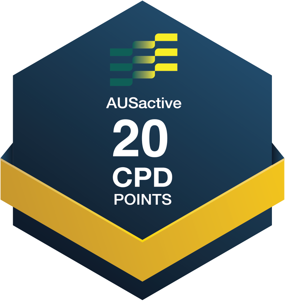 A badge with the AUSactive logo, stating 20 CPD points, and featuring a dark blue and gold color scheme.