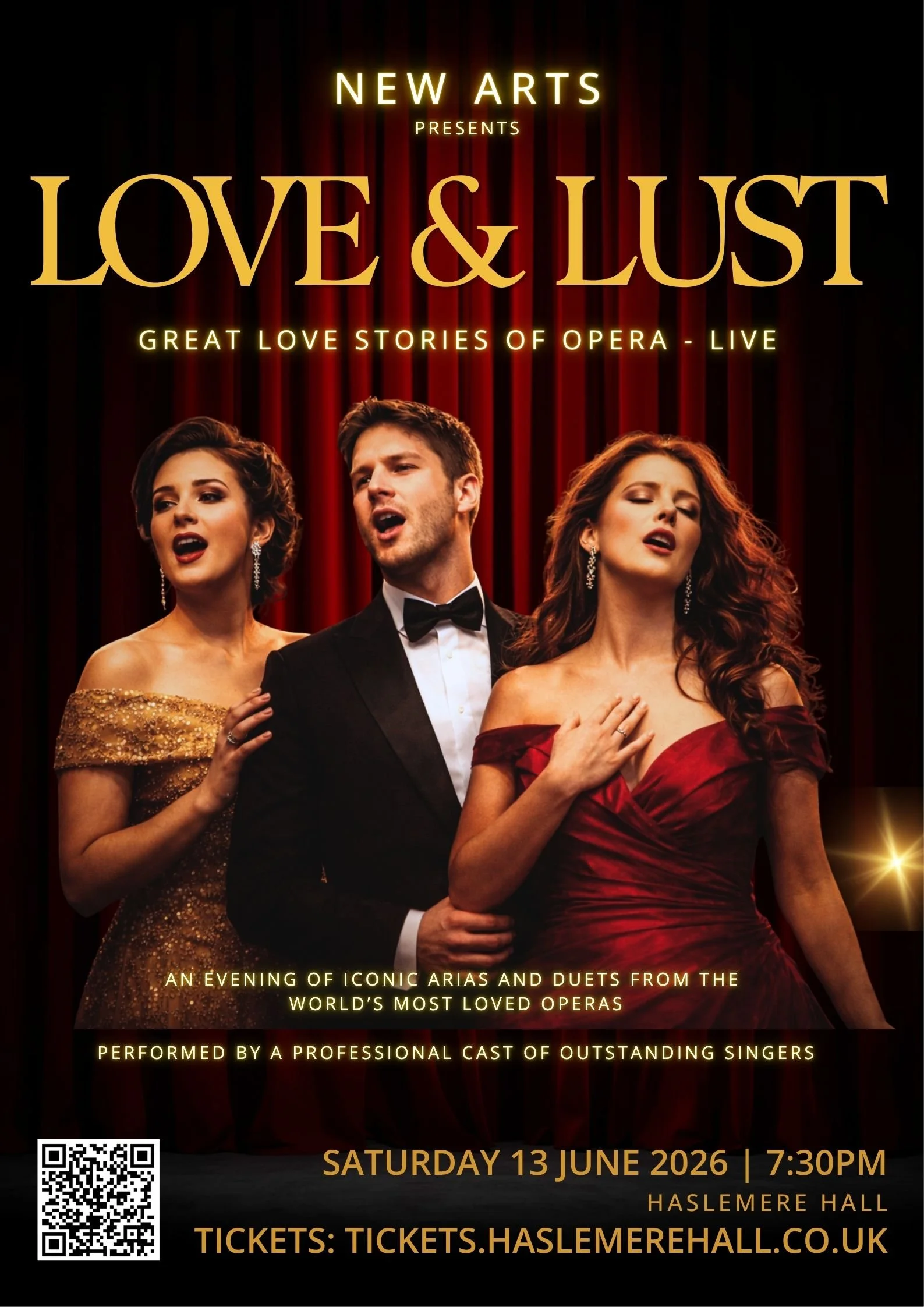 Poster for a live opera performance titled "Love & Lust" presented by New Arts, featuring three singers dressed in elegant evening wear, standing in front of red theater curtains, with details about the date, time, location, and ticket information.