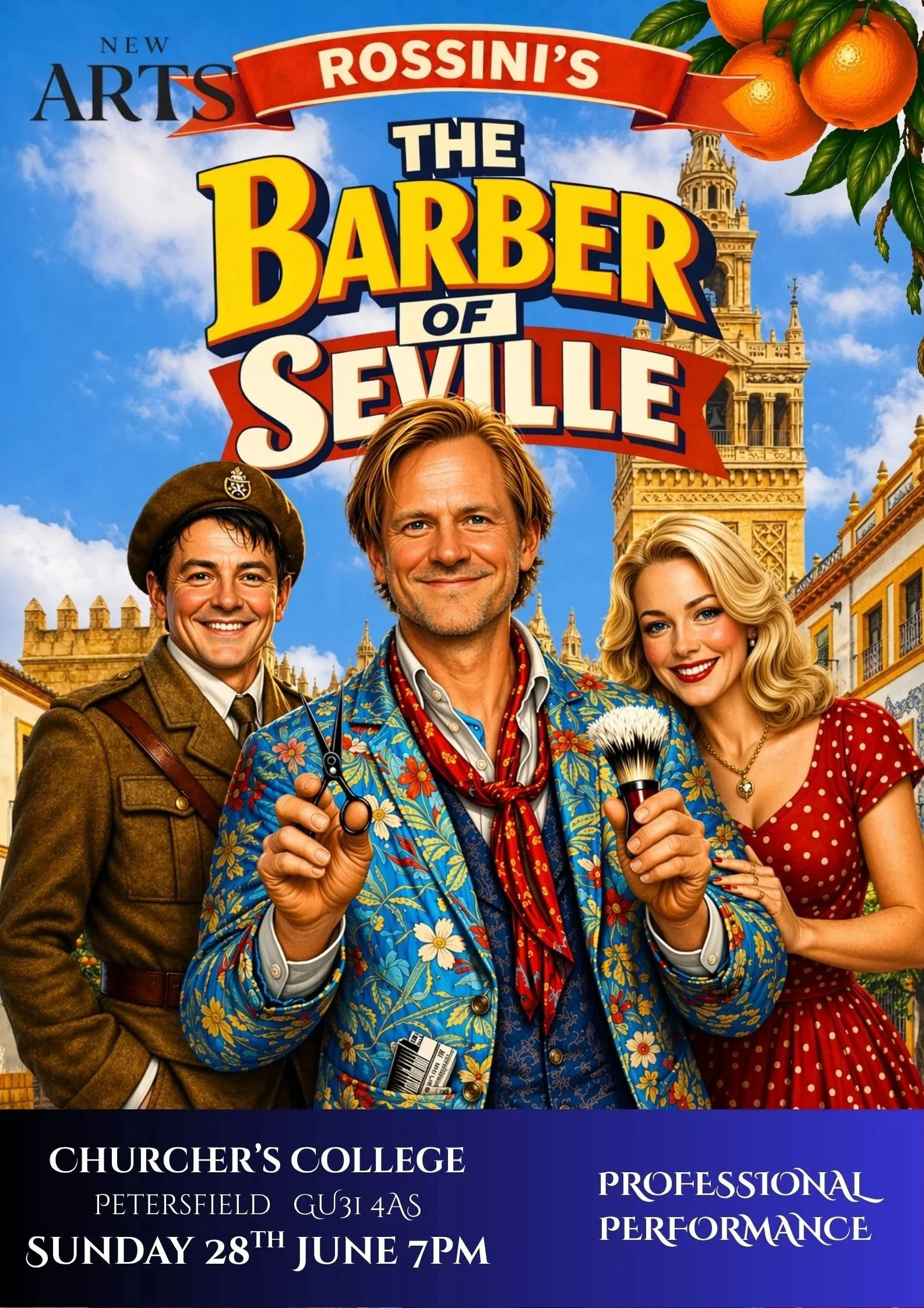 The poster for Rossini's 'The Barber of Seville' featuring three characters in period costumes, with one man holding scissors and a shaving brush, set against a backdrop of Big Ben and historic buildings in Seville, with oranges in the top corner.