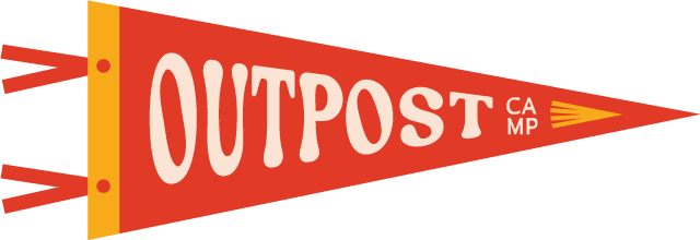 Red pennant flag with yellow border, displaying the word 'OUTPOST' in large white letters and the abbreviation CA MP in smaller white letters.