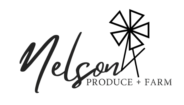 Logo for Nelson Produce + Farm with the company name in cursive and a geometric maple leaf design.