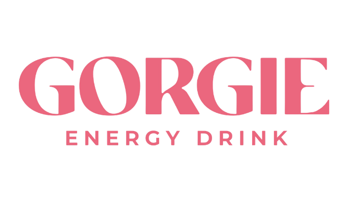 Gorgie energy drink logo in pink text on a black background.