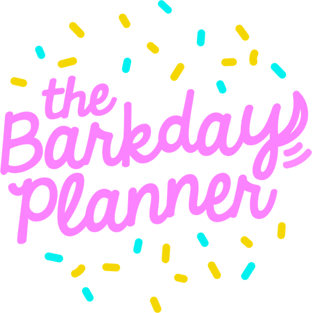 Celebratory graphic with the words 'the Barkday Planner' in purple script font surrounded by yellow and blue confetti on a black background.