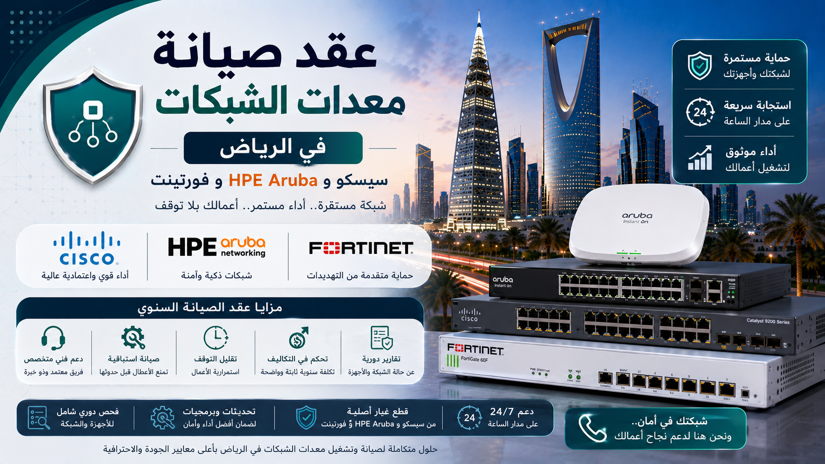 عقد صيانة معدات الشبكات في الرياض سيسكو وHPE Aruba وفورتينت