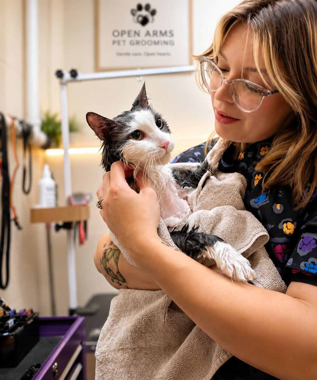 A woman with glasses holding a wet, black and white cat wrapped in a towel at a pet grooming salon.