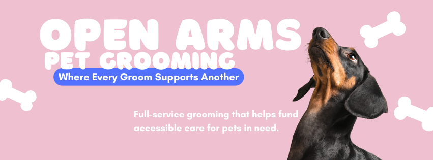 Pink banner for Open Arms Pet Grooming featuring a black and brown dog with floppy ears, white bone icons, and text about pet grooming services.
