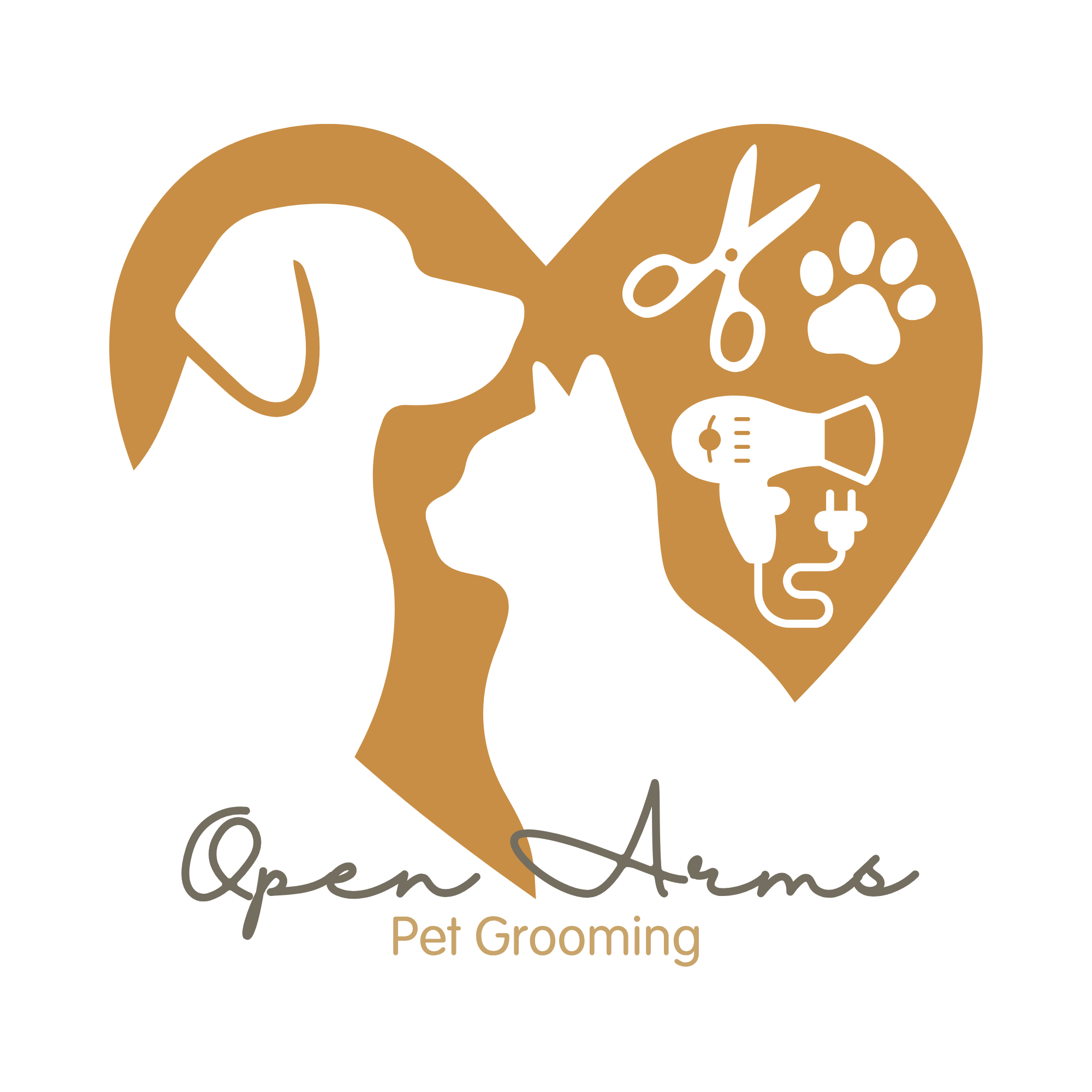 Logo of Open Aroma Pet Grooming featuring silhouettes of a dog and a cat with grooming tools inside a heart shape, with the text 'Open Aroma Pet Grooming' underneath.