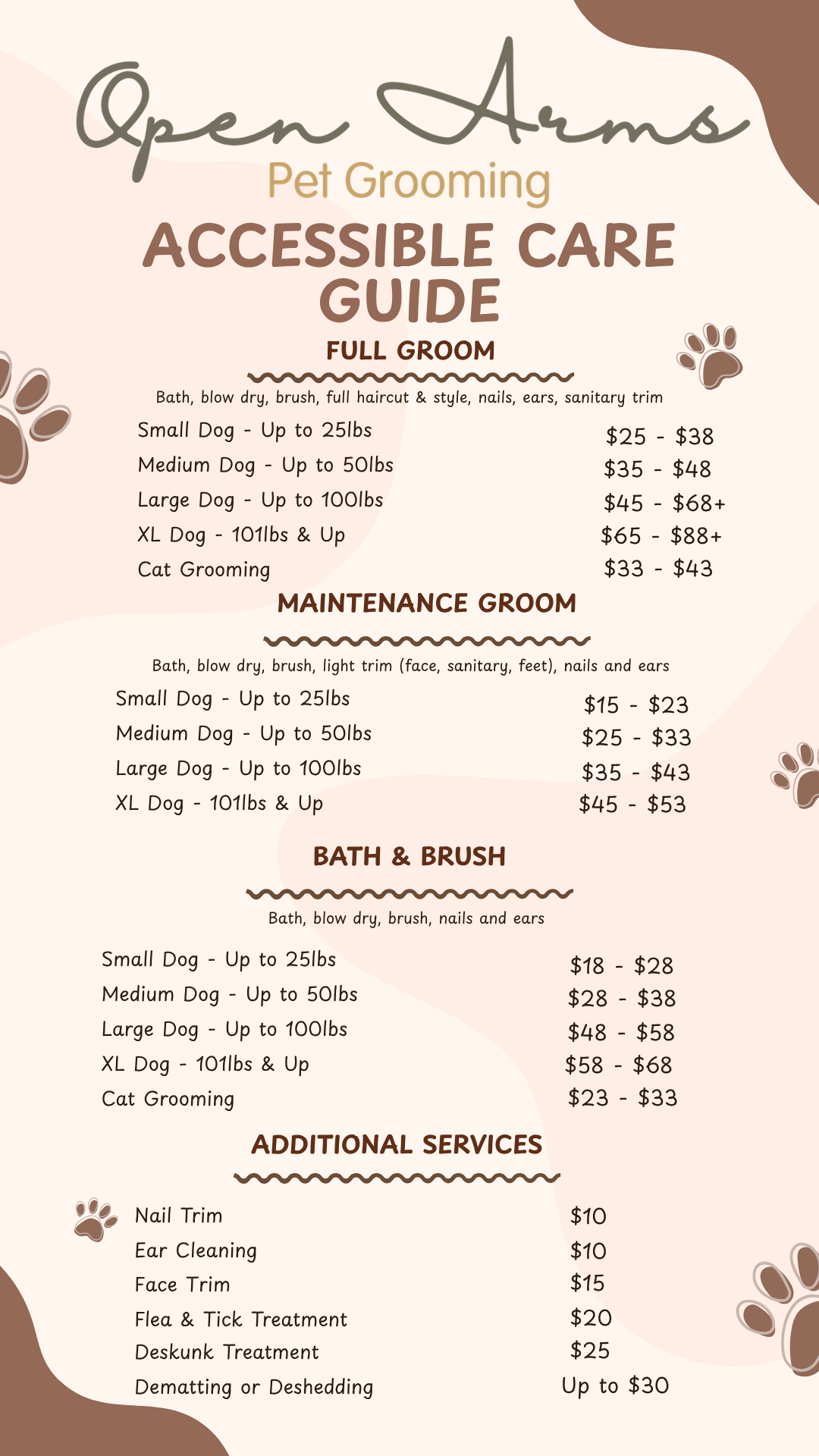 Pet grooming guide listing services for full groom, maintenance groom, bath & brush, and additional services, with prices for small, medium, large, and XL dogs and cats, on a beige background with paw print decorations.