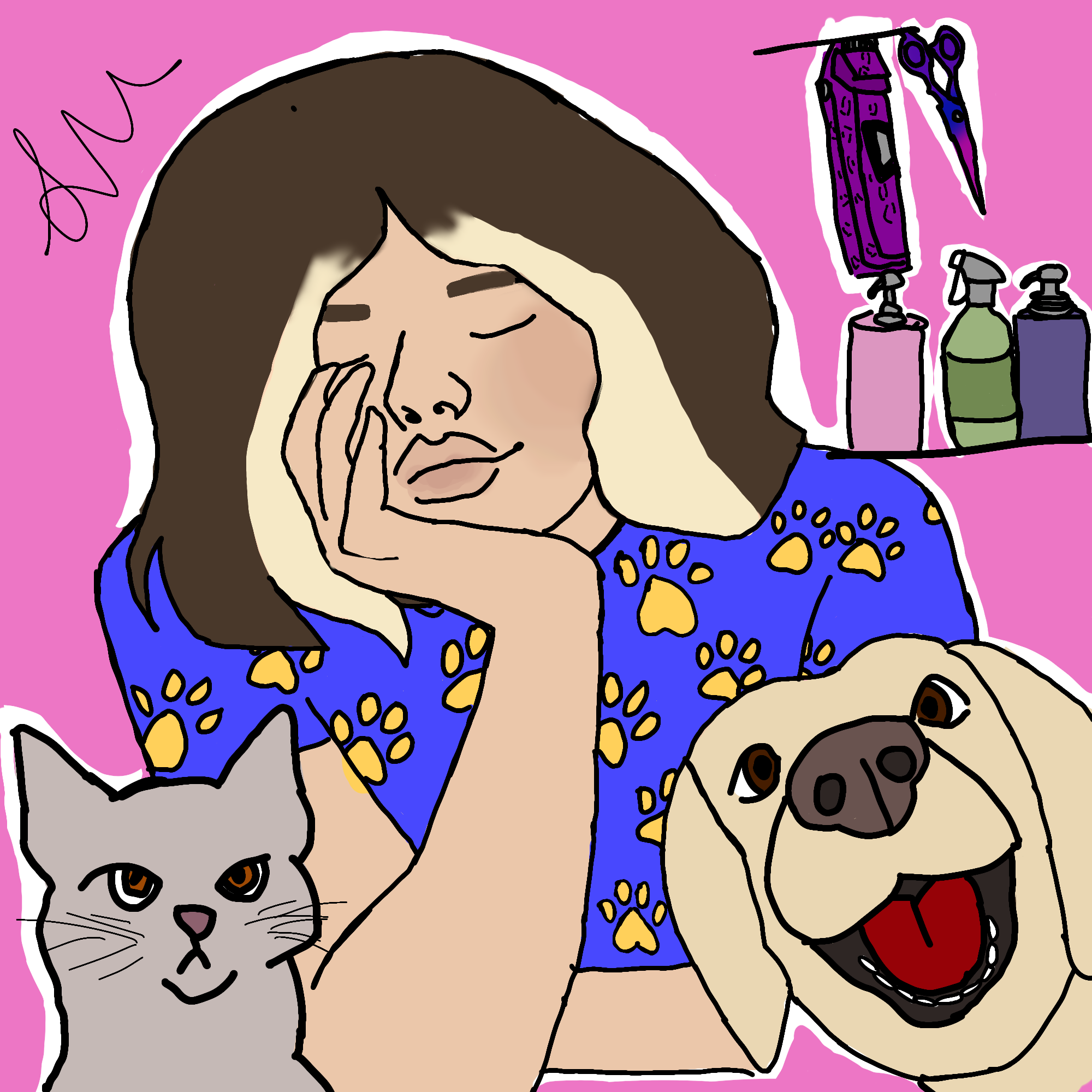 A drawing of a woman with long brown hair, wearing a blue shirt with a yellow pattern, holding her head with her eyes closed, surrounded by two dogs, a gray cat, and some bottles of hair products against a pink background.