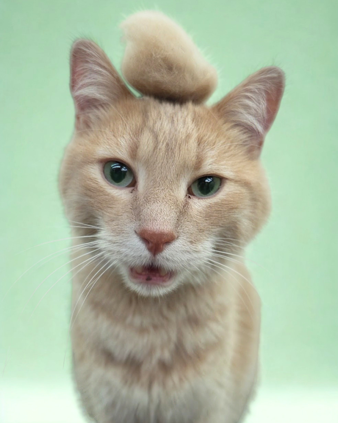 Close-up of an orange tabby cat with green eyes, with a beige fluffy object on its head, blurred light green background.