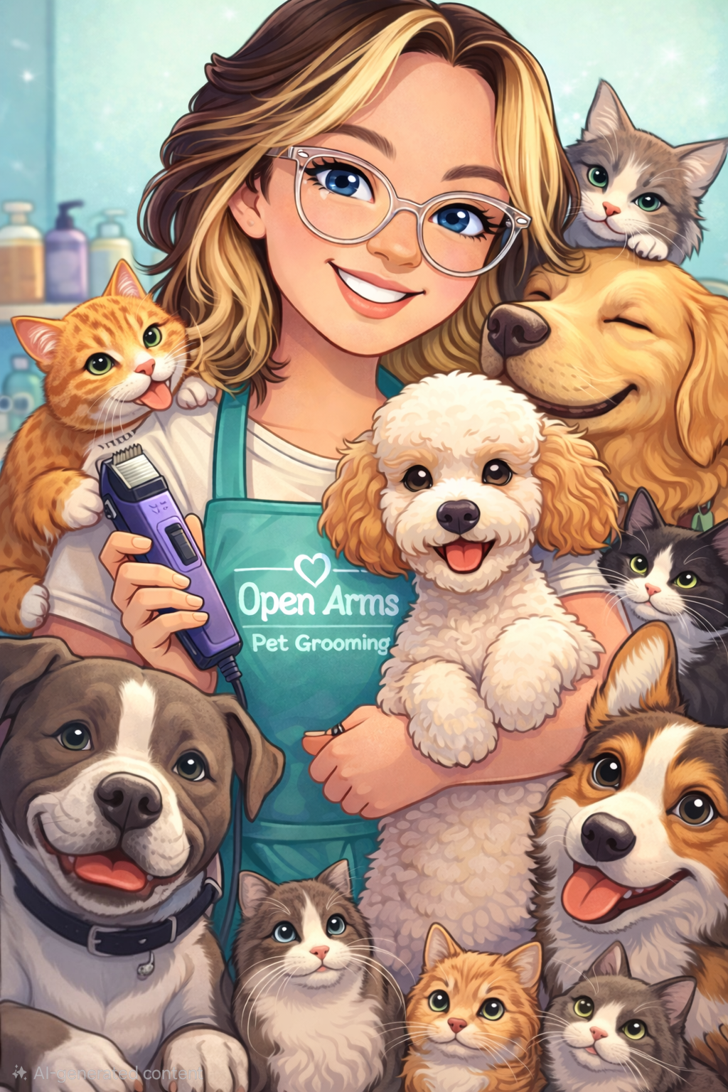 A female pet groomer with glasses and a teal apron that reads 'Open Arms Pet Grooming' is surrounded by various dogs and cats, all appearing happy in a pet grooming salon.