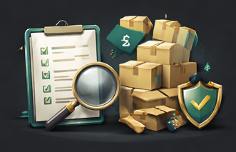 A magnifying glass over a checklist, a pile of cardboard boxes, a shield with a checkmark, and a money bag with a dollar sign, all on a dark background.