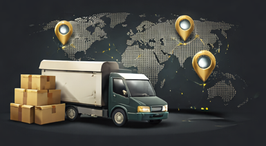 A delivery truck with stacked boxes in front of a world map with location pins indicating international shipping.