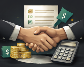 Two hands shaking over a desk with stacks of coins, a calculator, a checklist, and a money bag on top.