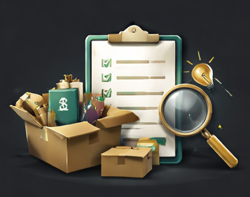 A cardboard box filled with various office supplies, a clipboard with a checklist, a magnifying glass, a light bulb, and a small closed box, all arranged against a dark background.