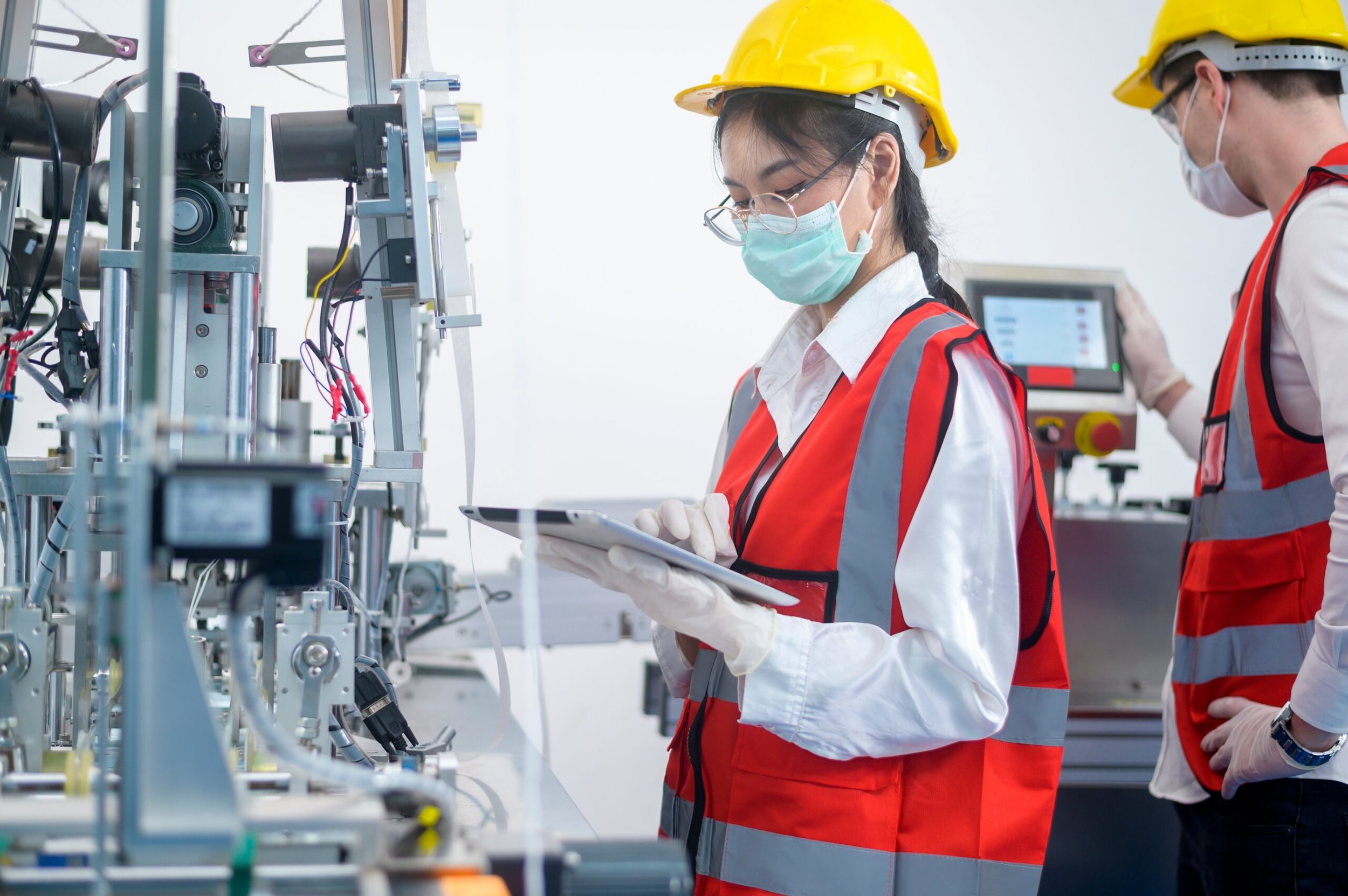 Scientists or engineers wearing yellow safety helmets, face masks, and orange safety vests working with scientific equipment or machinery in a laboratory or industrial setting. One person is holding a tablet device.