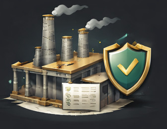 Illustration of a factory with smokestacks and emissions, covered by a shield with a checkmark indicating environmental protection or security.