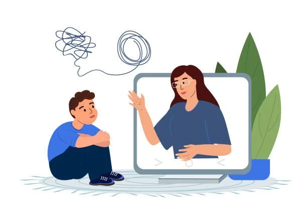 A young boy sitting on the floor looks worried as he listens to a woman on a video call on a computer screen, with a disorganized scribble representing confusion or frustration above them and large green leaves as background.