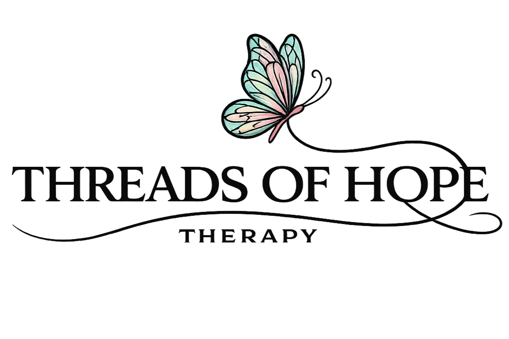 Logo for 'Threads of Hope' therapy with a pastel-colored butterfly above the text.