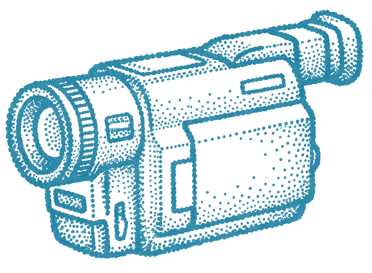 Stylized blue illustration of a handheld video camera viewed from the side.
