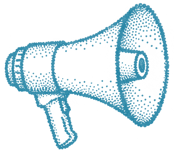 Pointillist illustration of a megaphone in shades of blue on a black background.