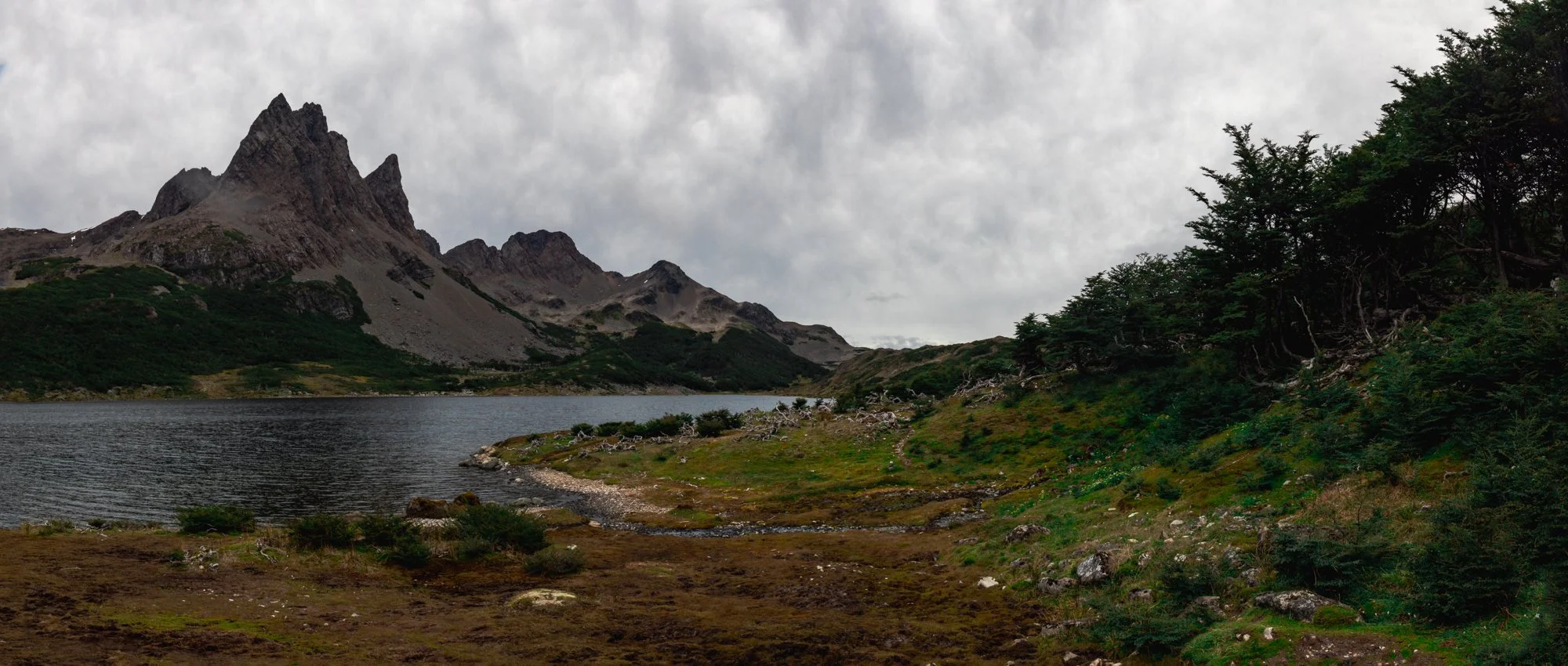 A scenic mountain landscape with a lake in the foreground, surrounded by green shrubbery and trees, with tall rugged mountains and a cloudy sky in the background.