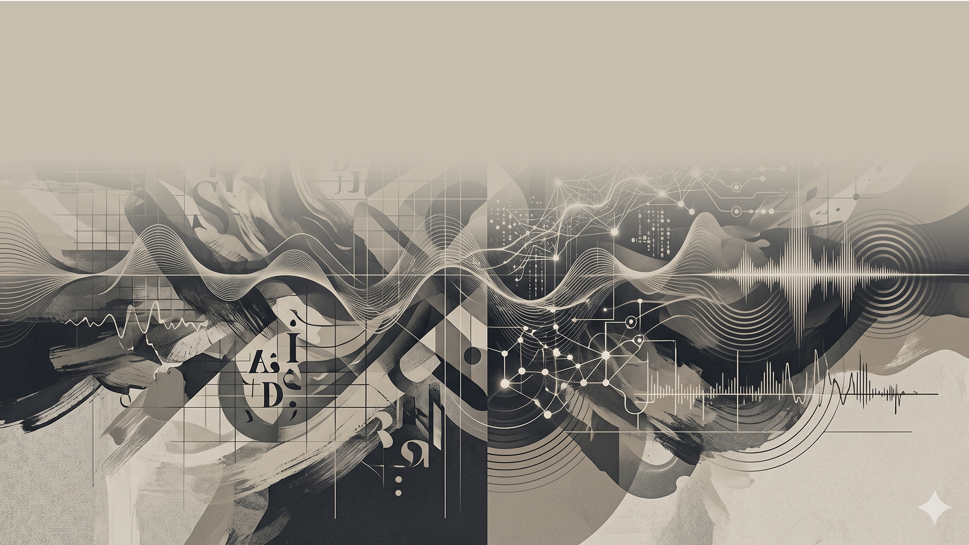 Abstract digital art featuring waveforms, geometric shapes, graphs, and interconnected lines in shades of black, gray, and beige.