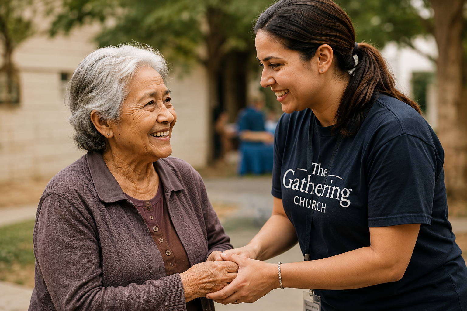 A young woman and an elderly woman smiling and holding hands outdoors at a gathering, with trees and a building in the background.