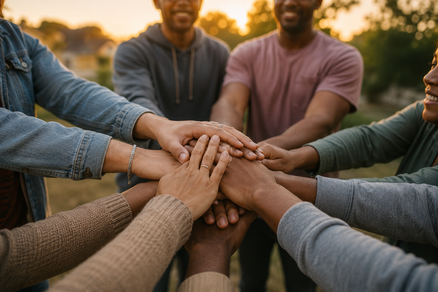 Group of diverse people placing their hands together in a show of unity outdoors at sunset.